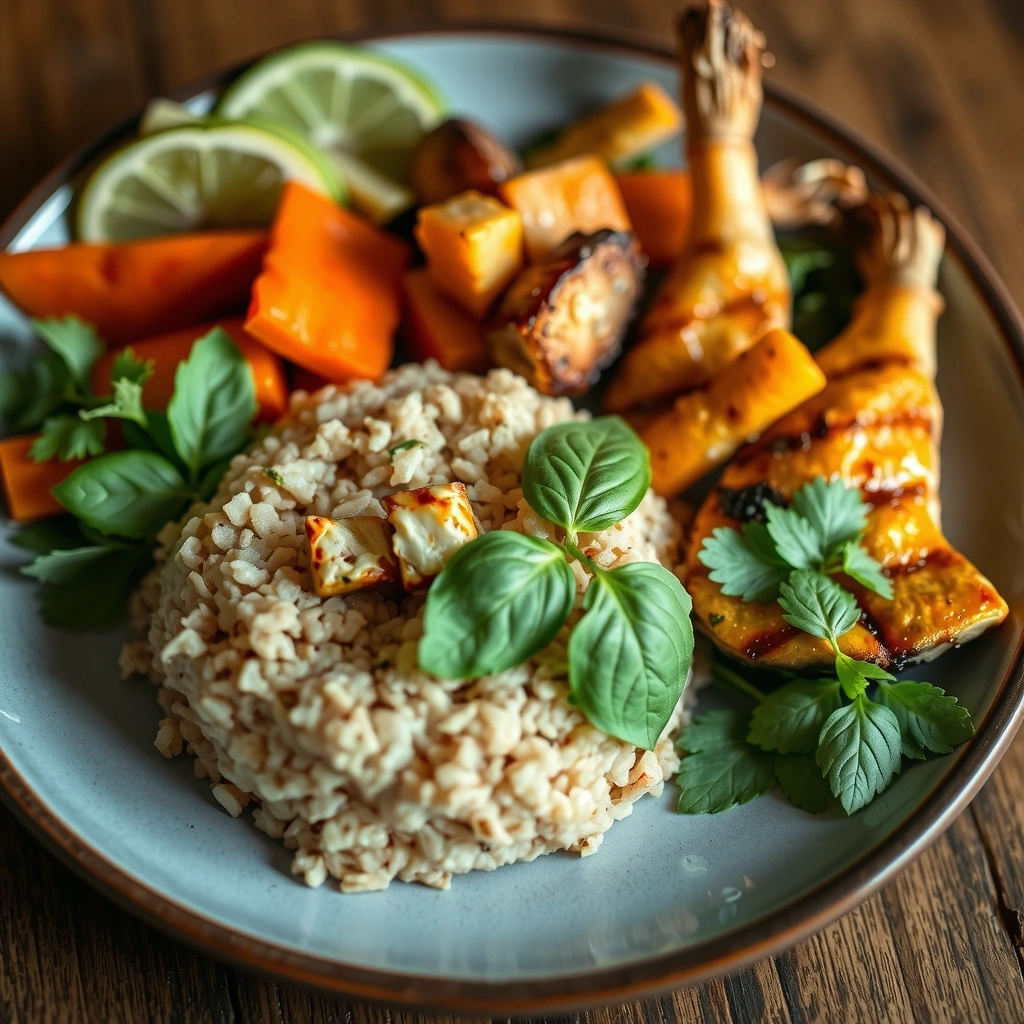 จานอาหารสมดุลประกอบด้วยข้าวสวย ปลาย่าง และผักสด